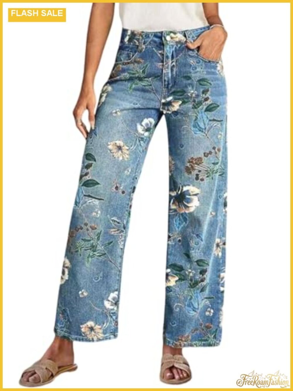 Women's Vintage Floral Barrel Jeans Y2k Boyfriend Wide Leg High Rise Denim Pants